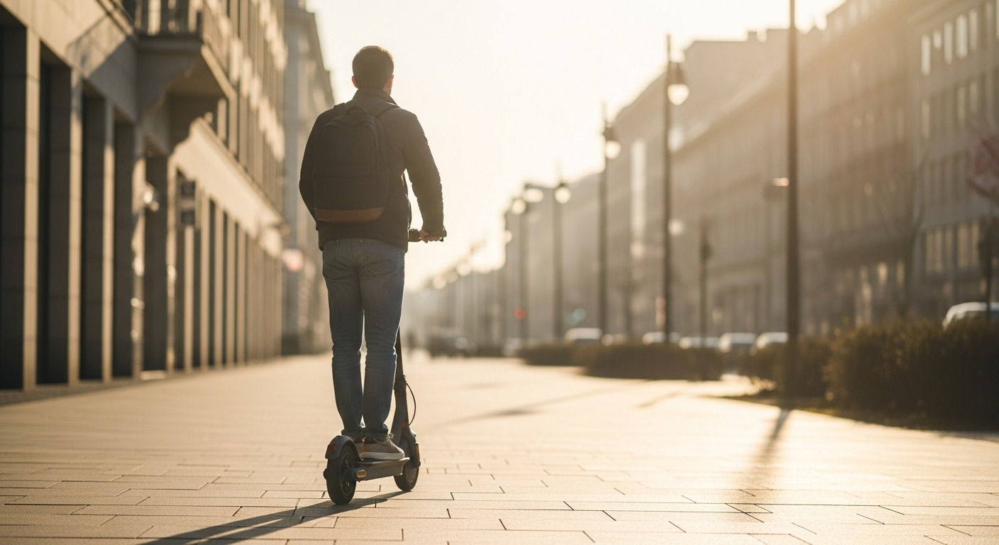 Adulte avec trottinette électrique en ville, usage quotidien